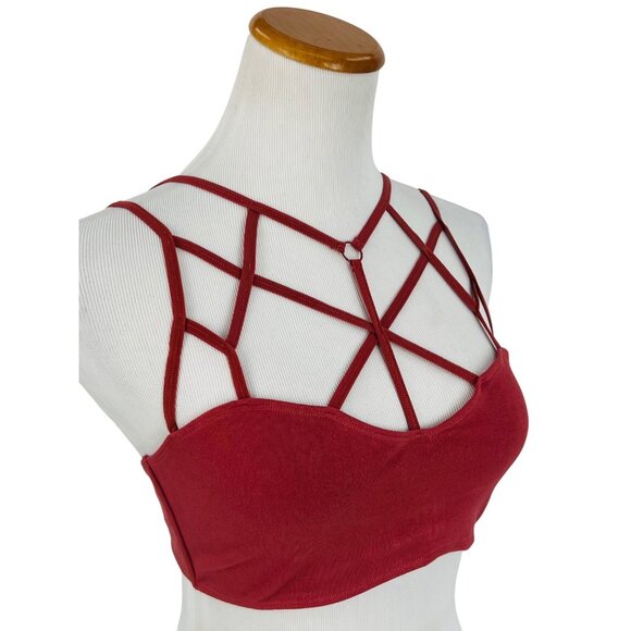 NWT Boutique Strappy Burnt Red Geometric Cutout Cage Front Crop Top Bralette - Picture 5 of 16